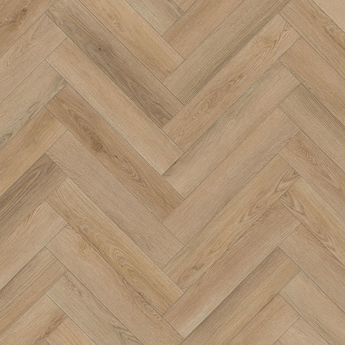 Close-up of Lesedi Oak Herringbone Luxury Click Vinyl Flooring 5mm, showcasing a classic herringbone pattern with light natural oak tones, authentic wood grain detailing, subtle natural knot patterns and a realistic embossed matt finish.