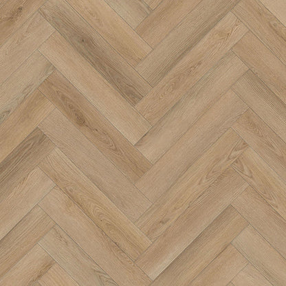 Close-up of Lesedi Oak Herringbone Luxury Click Vinyl Flooring 5mm, showcasing a classic herringbone pattern with light natural oak tones, authentic wood grain detailing, subtle natural knot patterns and a realistic embossed matt finish.