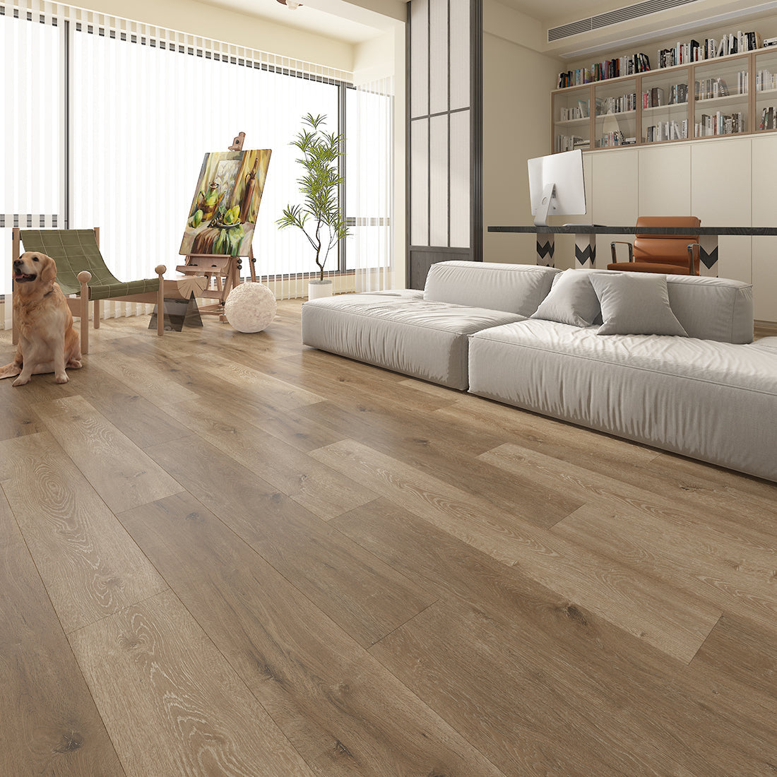 Modern open-plan living space with warm natural oak luxury vinyl plank flooring, featuring wide wood-effect boards with realistic grain and knot detailing. The bright, contemporary interior includes a low white sofa, home office, floor-to-ceiling windows, shelving, an artist's easel, indoor plant and a dog, showcasing the flooring's natural warmth and seamless finish.