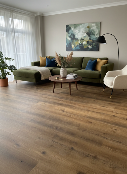 Sugar Oak Luxury Click Vinyl Flooring 5mm installed in a contemporary living room, showcasing warm honey oak wood-effect planks with authentic grain detailing, natural knot features and a realistic matt finish, complementing modern furniture and neutral décor.