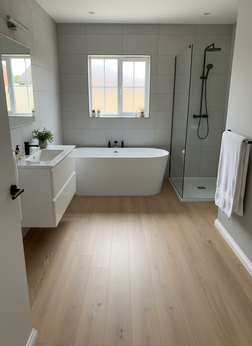 Lesedi Oak Luxury Click Vinyl Flooring 5mm installed in a modern bathroom, showcasing light warm oak wood-effect planks with authentic grain detailing and a realistic matt finish, complementing a freestanding bath, walk-in shower and contemporary white sanitaryware.