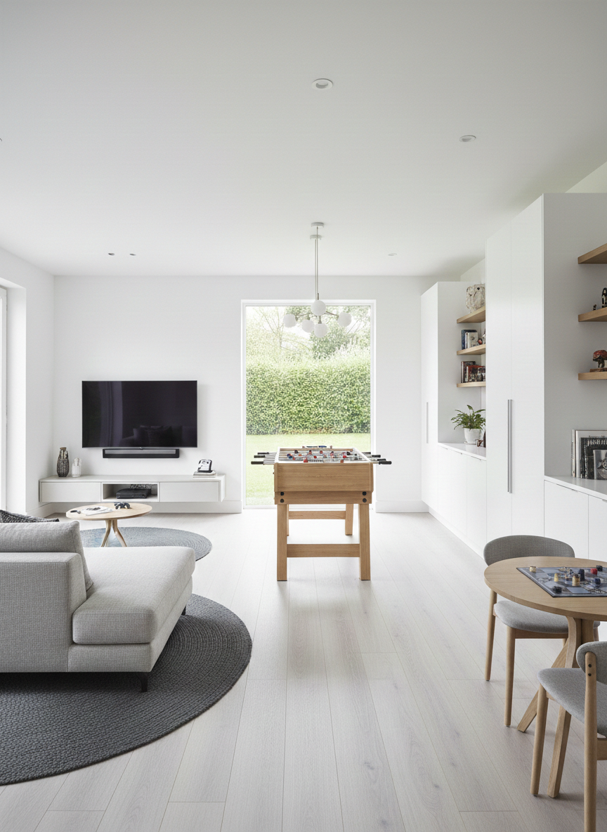 Ivory Luxury Click Vinyl Flooring 5mm installed throughout a bright open-plan living space, featuring soft ivory wood-effect SPC flooring with authentic natural grain, subtle knot detailing and a realistic matt finish, creating a clean, modern interior filled with natural light.