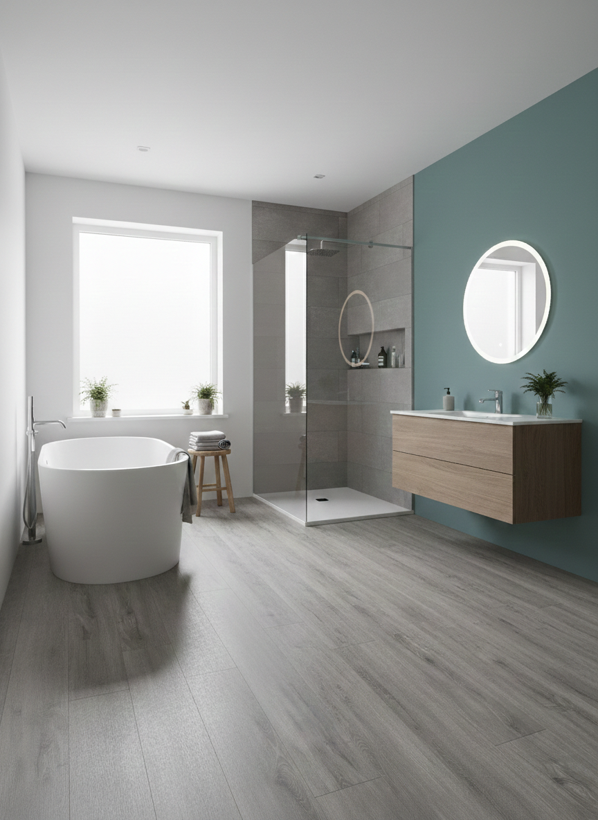 Azure Grey Luxury Click Vinyl Flooring 5mm installed in a contemporary bathroom, showcasing cool grey wood-effect planks with authentic grain detailing and a realistic matt finish, complementing a freestanding bath, walk-in shower and modern vanity unit.