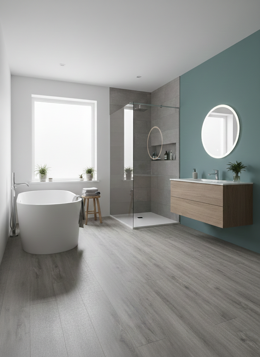 Azure Grey Luxury Click Vinyl Flooring 5mm installed in a contemporary bathroom, showcasing cool grey wood-effect planks with authentic grain detailing and a realistic matt finish, complementing a freestanding bath, walk-in shower and modern vanity unit.