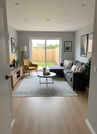 Lesedi Oak Luxury Click Vinyl Flooring 5mm installed in a bright contemporary living room, showcasing light warm oak wood-effect planks with authentic grain detailing and a realistic matt finish, complementing modern furnishings and large patio doors.