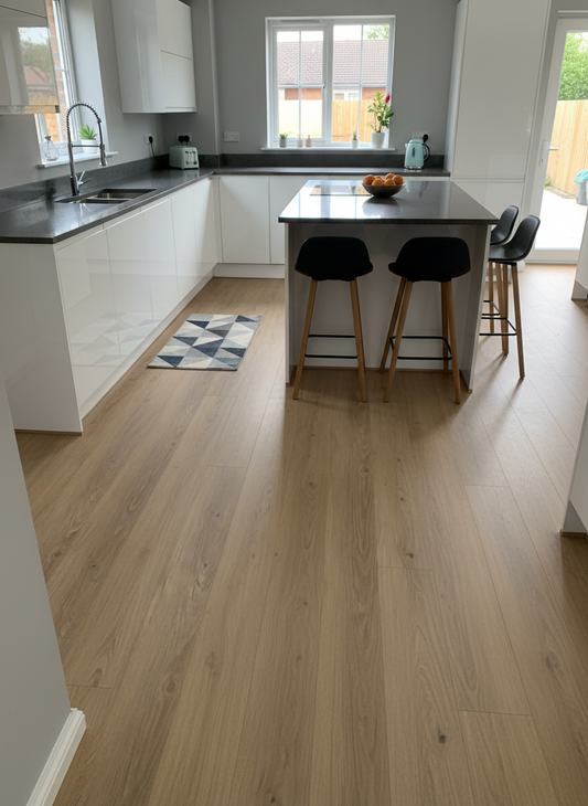 Lesedi Oak Luxury Click Vinyl Flooring 5mm installed in a contemporary white kitchen, featuring warm natural oak-effect planks with realistic wood grain detailing and a matt finish, creating a bright, modern space around the kitchen island and dining area.
