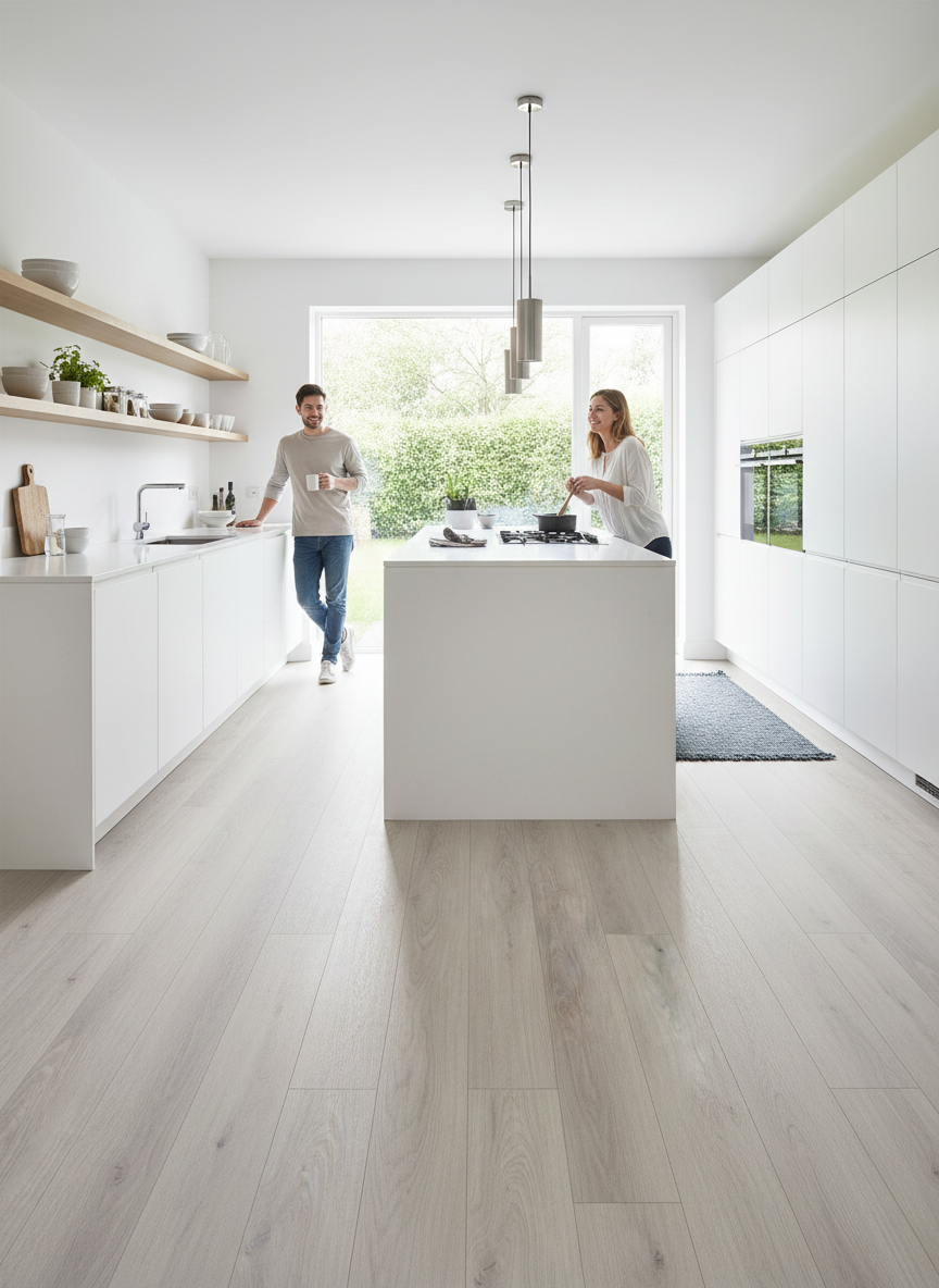 Ivory Luxury Click Vinyl Flooring 5mm installed in a contemporary open-plan kitchen, featuring soft ivory wood-effect SPC flooring with authentic natural grain, subtle knot detailing and a realistic matt finish, creating a bright, spacious interior perfect for modern family living.