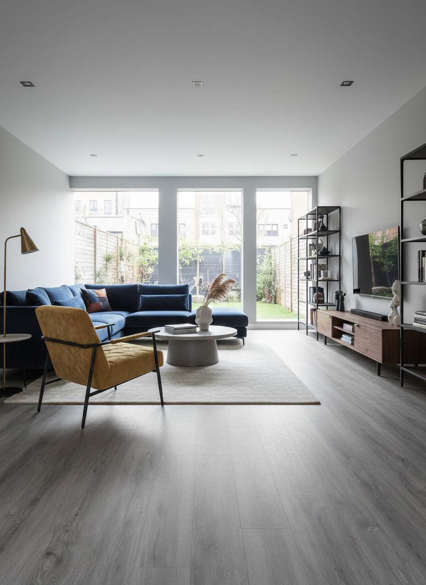 Azure Grey Luxury Click Vinyl Flooring 5mm installed in a contemporary open-plan living room, showcasing cool grey wood-effect planks with authentic grain detailing and a realistic matt finish, creating a bright, modern space with large patio doors and minimalist décor.
