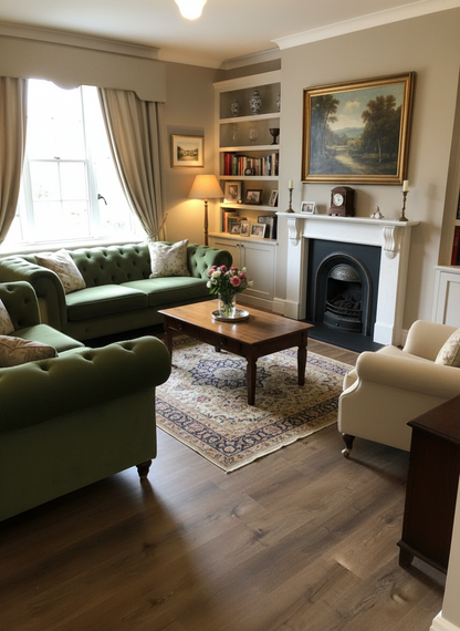 Sugar Oak Luxury Click Vinyl Flooring 5mm installed in a traditional living room, showcasing warm honey oak wood-effect planks with authentic grain detailing, natural knot features and a realistic matt finish, complementing classic furniture, a feature fireplace and elegant décor.